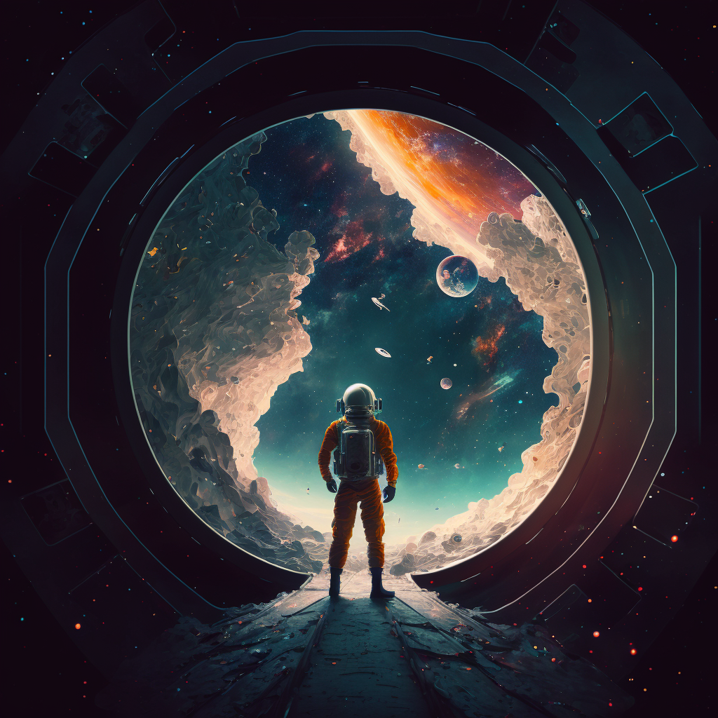 An astronaut staring into space, highly stylized.